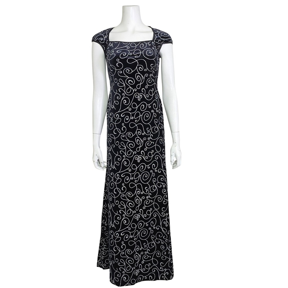 Vintage Cache x Alexia Admor Black Velvet Embroidered Maxi‎ Gown Dress Y2K 90s